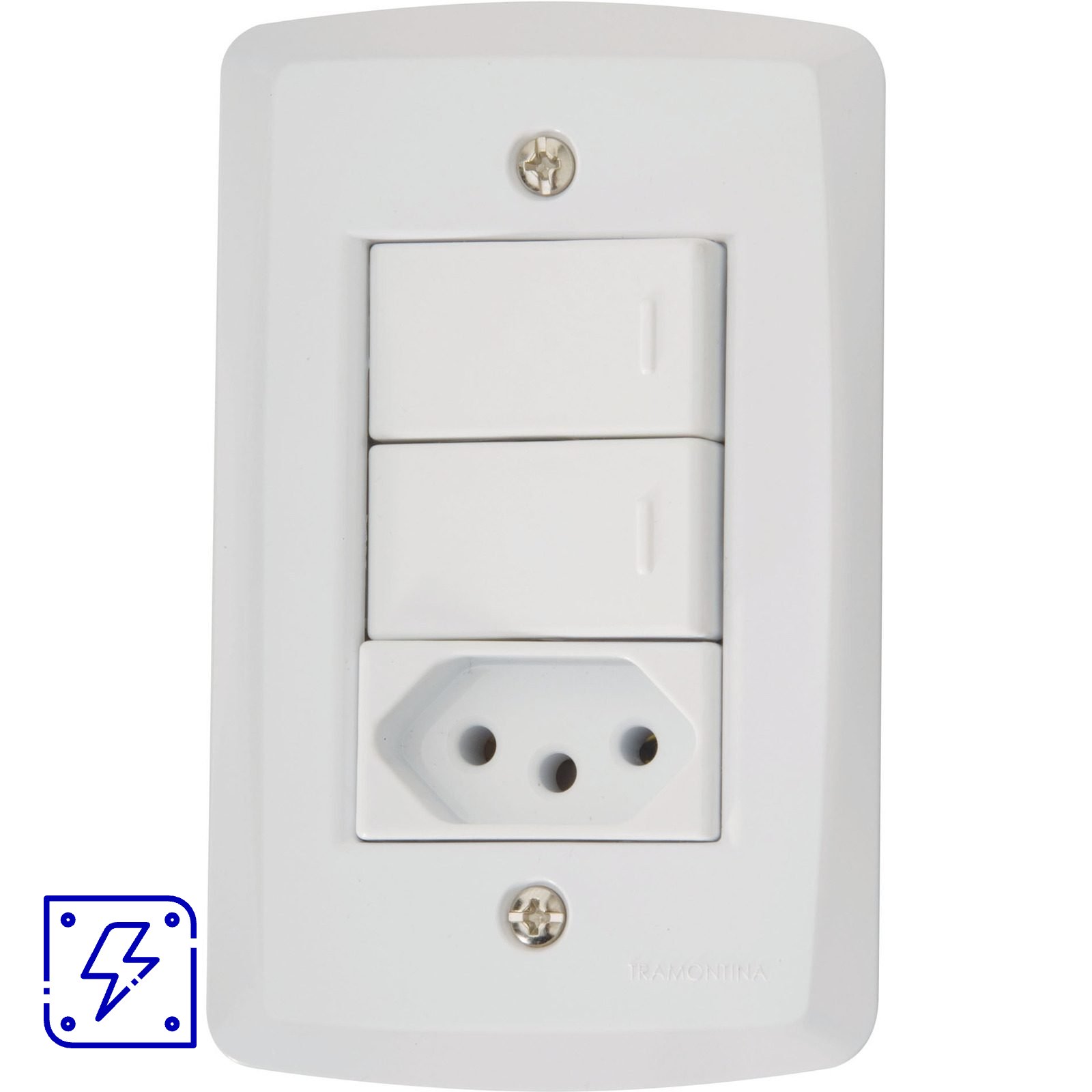 Conjunto 4x2 com 2 Interruptores Paralelos 10 A 250 V e 1 Tomada 2P+T 10 A 250 V Tramontina Lux2 Branco 10 UNIDADES EMB.MINIMA