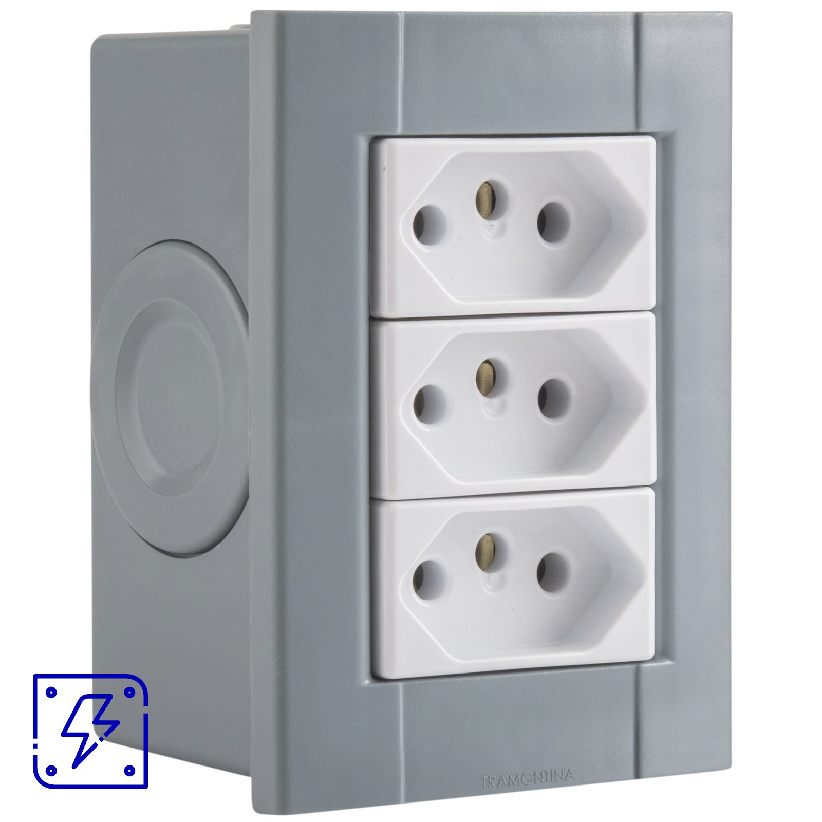 Conjunto de 3 Tomadas 2P+T Tramontina Plastibox Cor Cinza 20 A 250 V 12 UNIDADES EMB.MINIMA