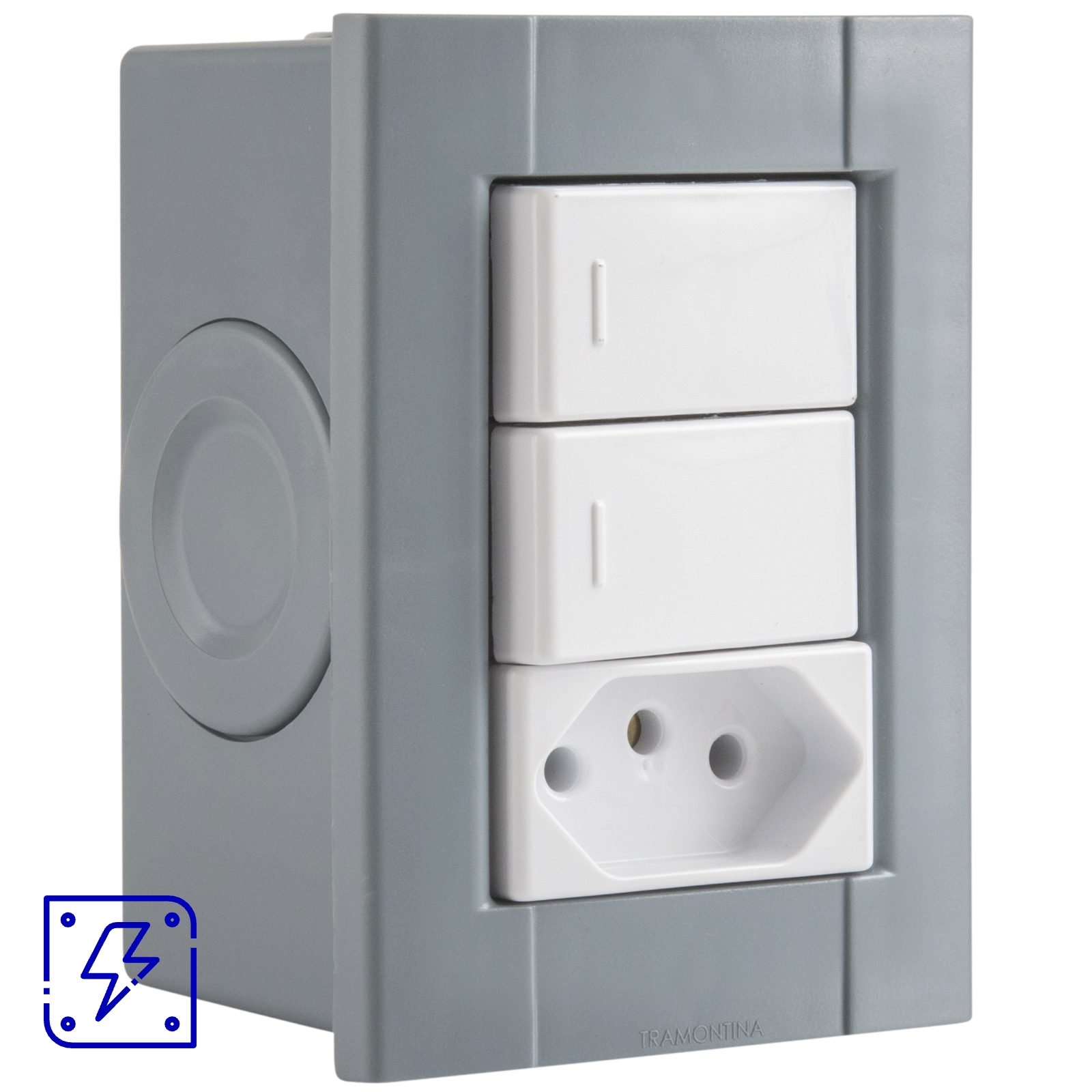 Conjunto de 2 Interruptores Simples e 1 Tomada 2P+T Tramontina Plastibox Cor Cinza 10 A 250 V 12 UNIDADES EMB.MINIMA