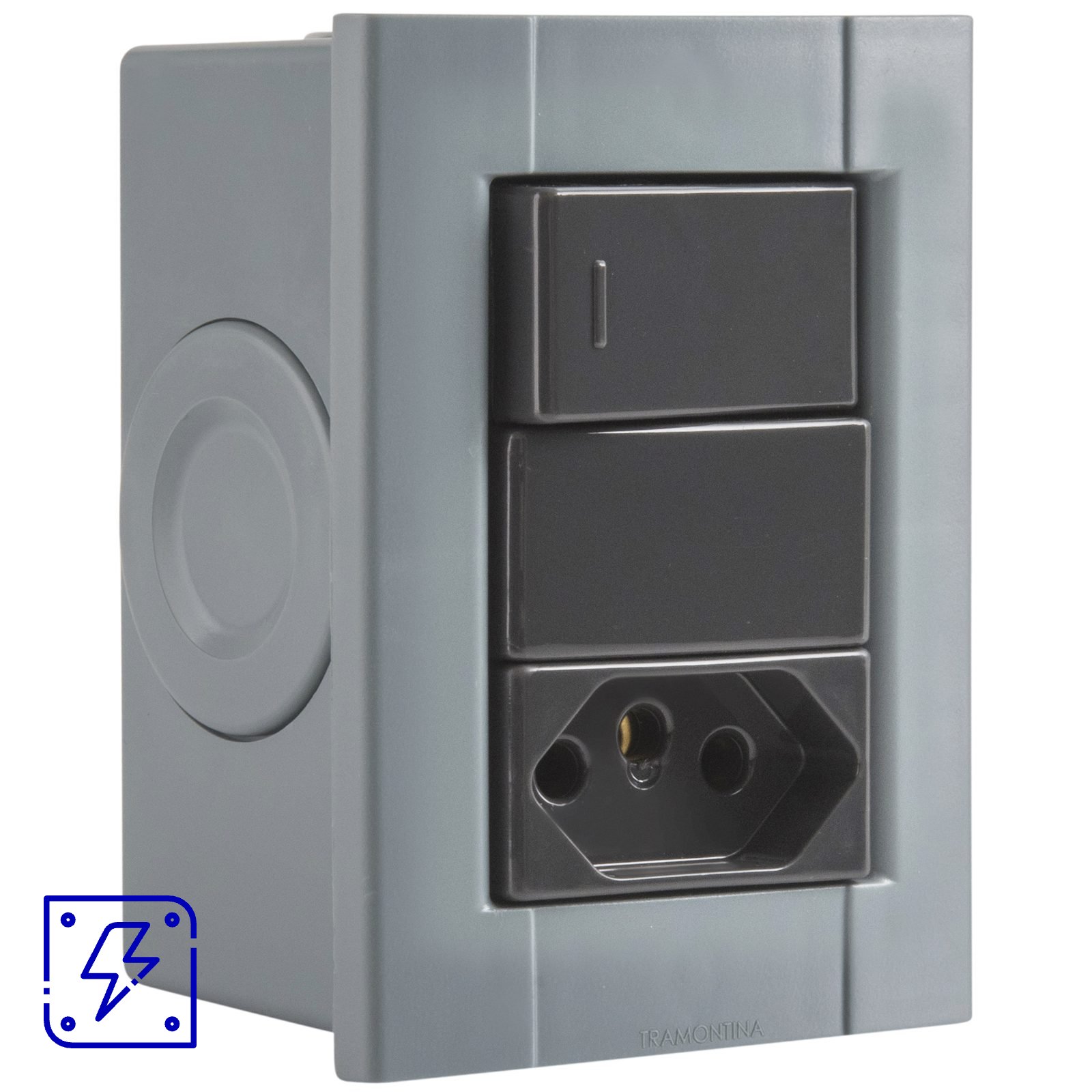 Grey surface mount box with 1 single-pole switch and 1 2P+E socket 20A/250V Tramontina Plastibox 12 UNIDADES EMB.MINIMA