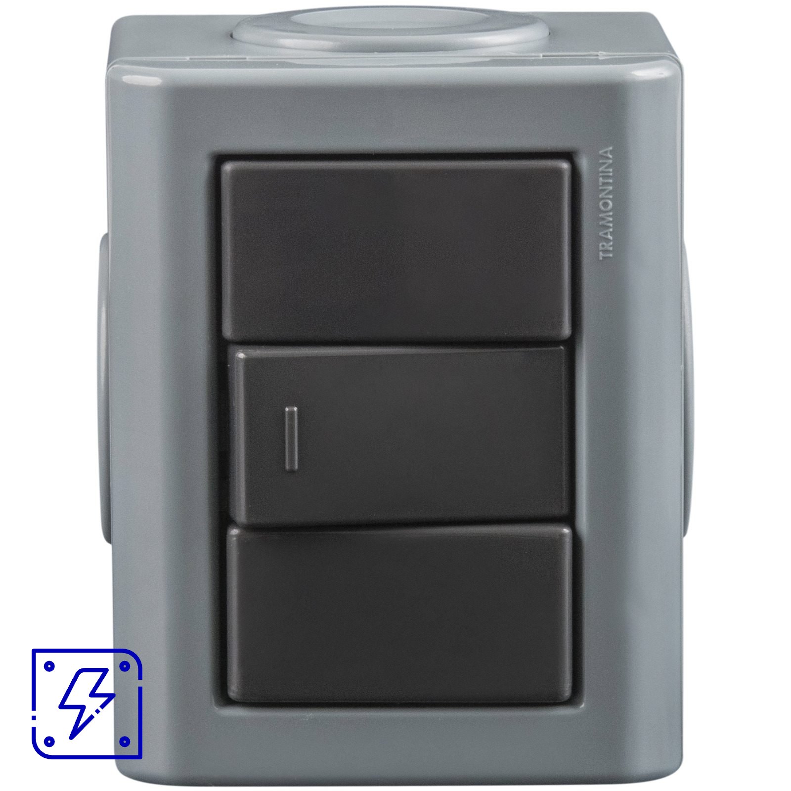 Conjunto Lizflex multiuso X cinza c/1 interruptor simples 10A/250V grafite +3 tampões 12 UNIDADES EMB.MINIMA