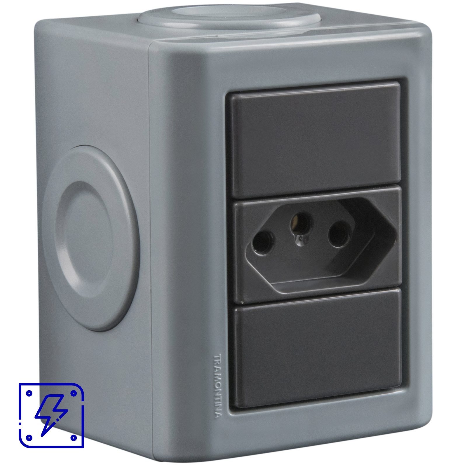 Conjunto Lizflex multiuso X cinza c/1 tomada 2P+T 10A/250V grafite + 3 tampões 12 UNIDADES EMB.MINIMA