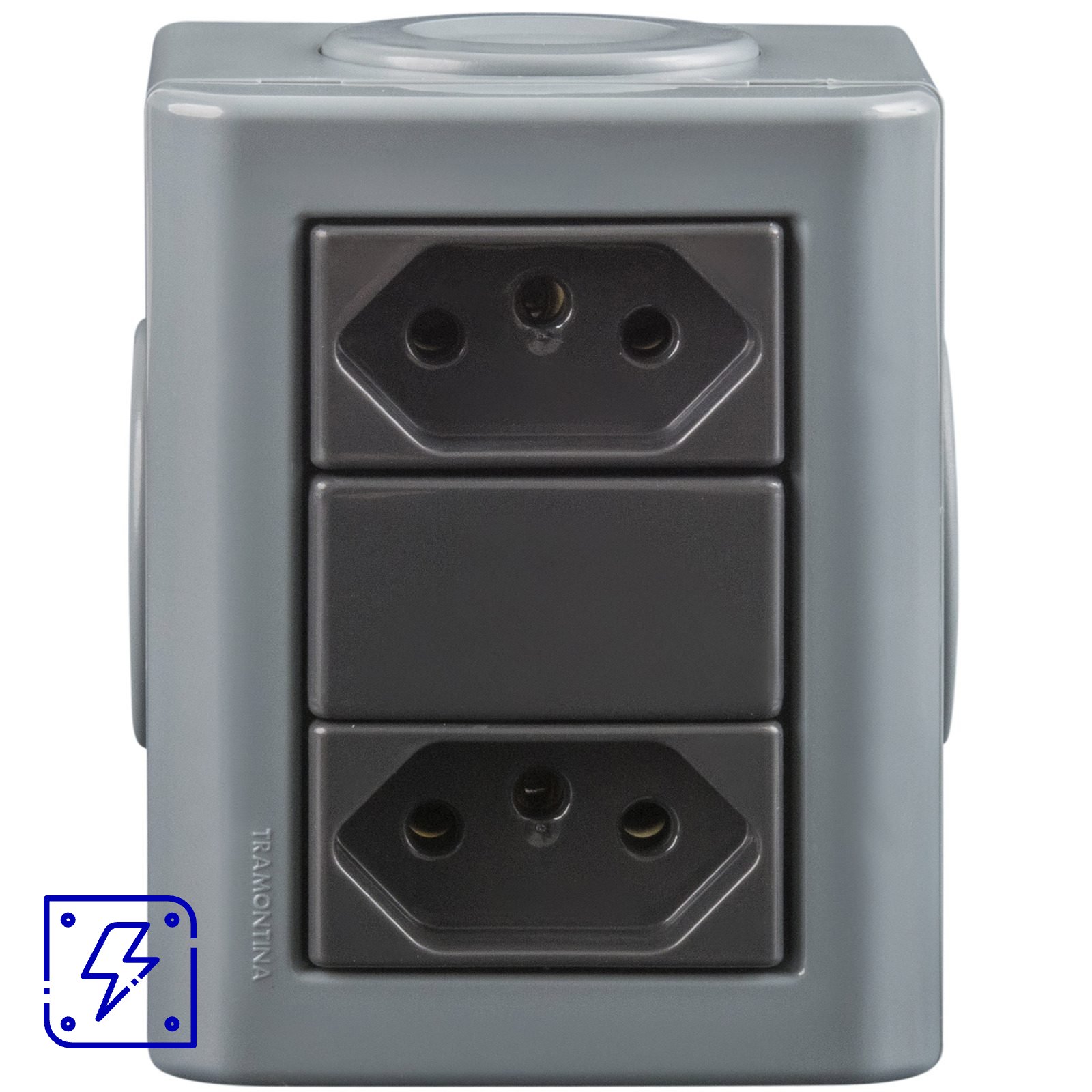 Conjunto Lizflex multiuso X cinza c/2 tomadas 2P+T 10A/250V grafite + 3 tampões 12 UNIDADES EMB.MINIMA