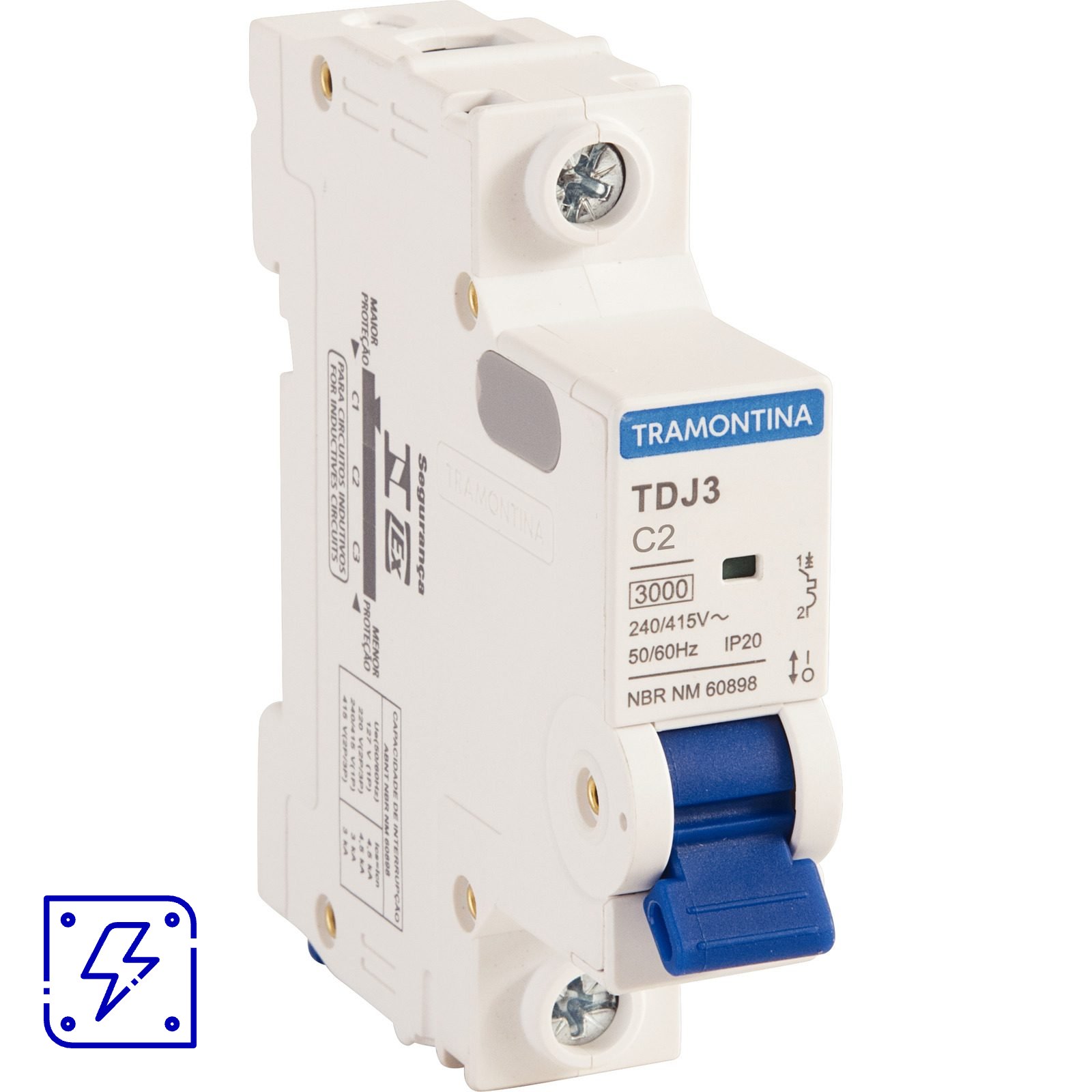 Minidisjuntor TDJ3 1 P 2 A 3 kA curva C Tramontina 12 UNIDADES EMB.MINIMA