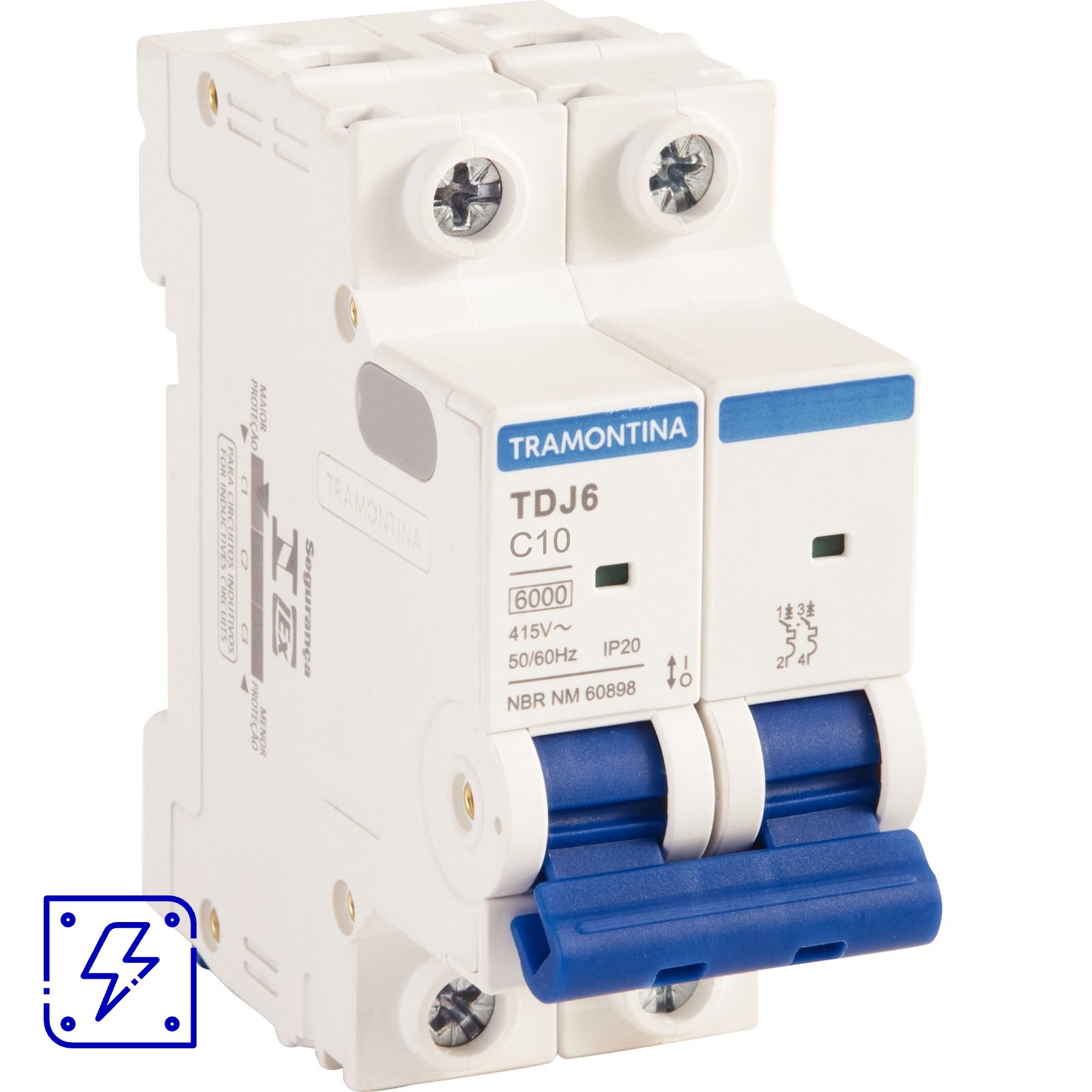 Minidisjuntor TDJ6 2 P 10 A 6kA curva C Tramontina 6 UNIDADES EMB.MINIMA