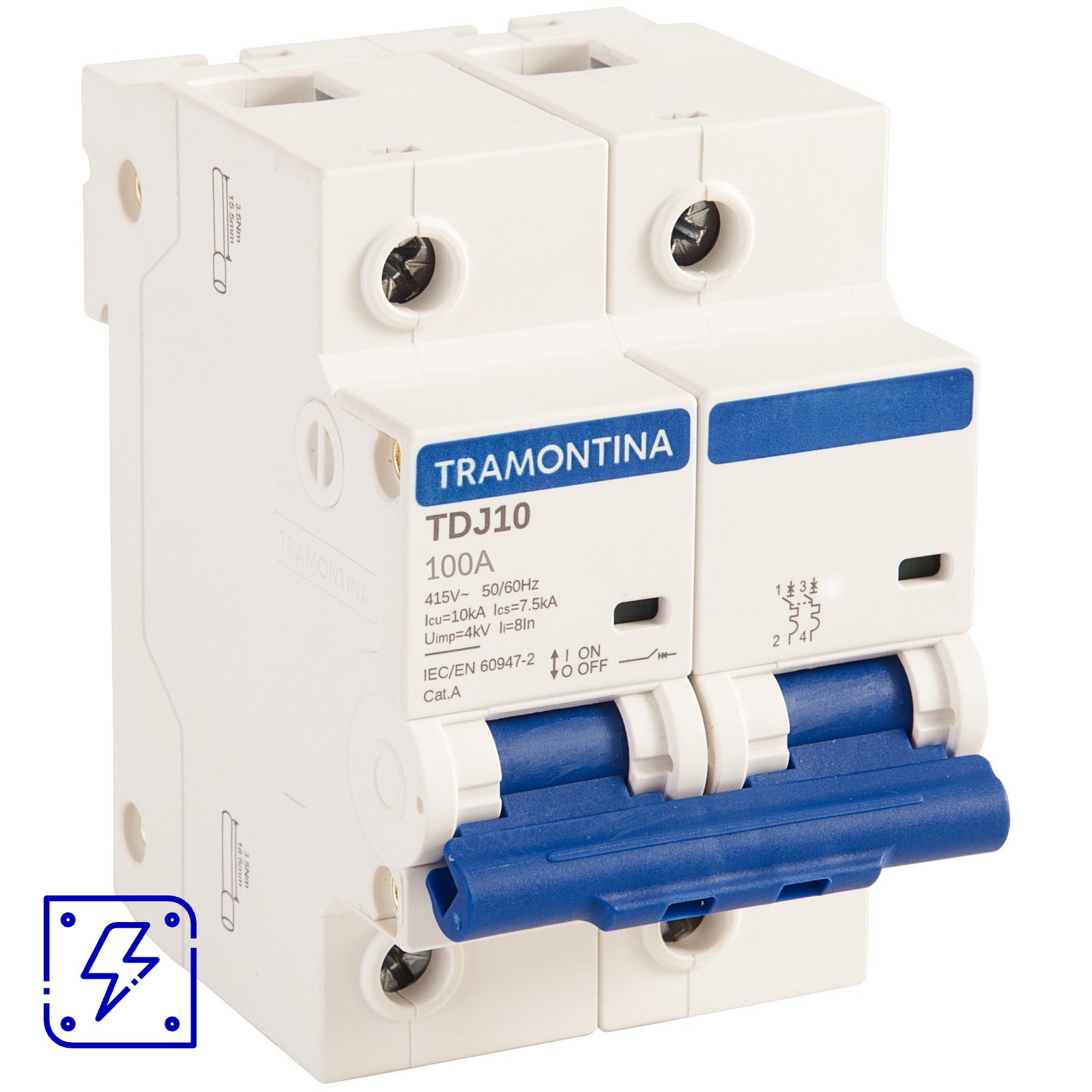 Minidisjuntor TDJ10 2 P 100 A 10 kA curva C Tramontina 6 UNIDADES EMB.MINIMA