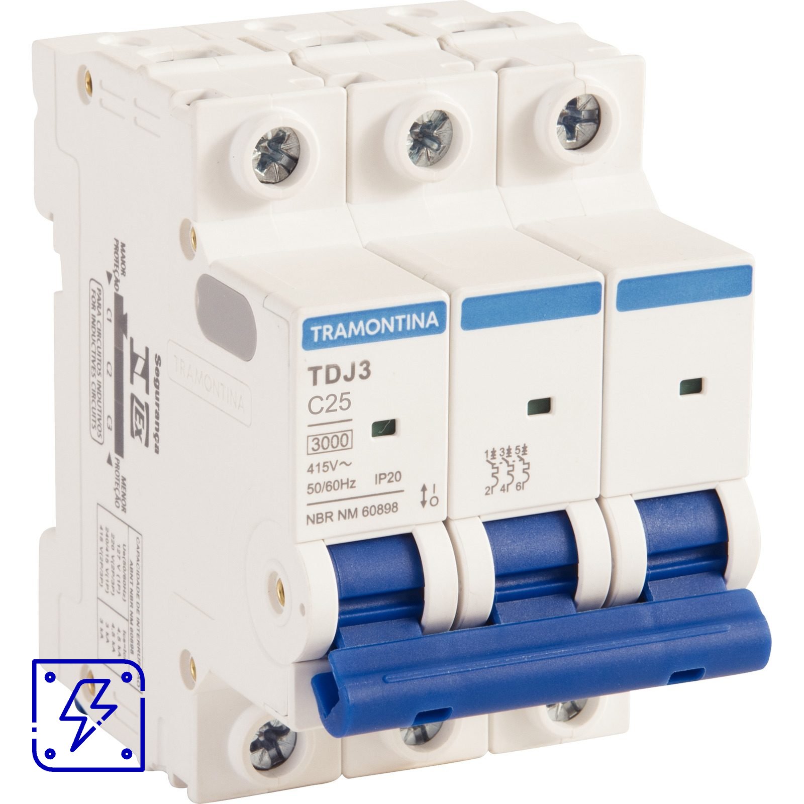 Minidisjuntor TDJ 3 P 25 A curva 3 kA C Tramontina 4 UNIDADES EMB.MINIMA