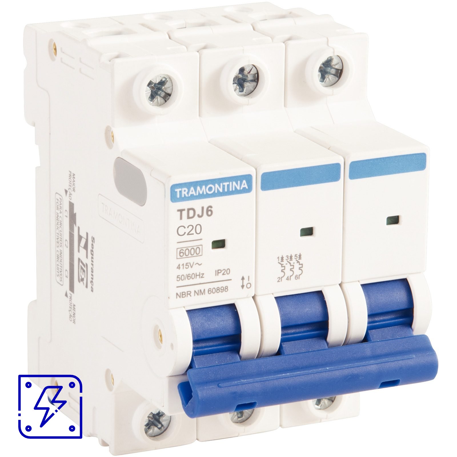 Minidisjuntor TDJ6 3 P 20 A 6kA curva C Tramontina 4 UNIDADES EMB.MINIMA