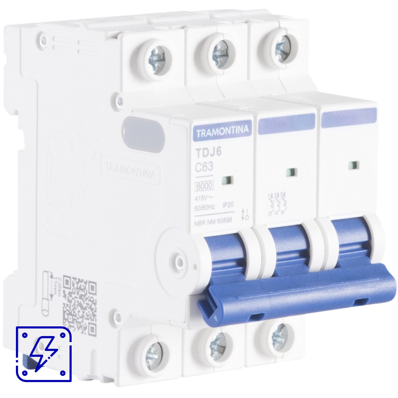 Minidisjuntor TDJ6 3 P 63 A 6kA curva C Tramontina 4 UNIDADES EMB.MINIMA