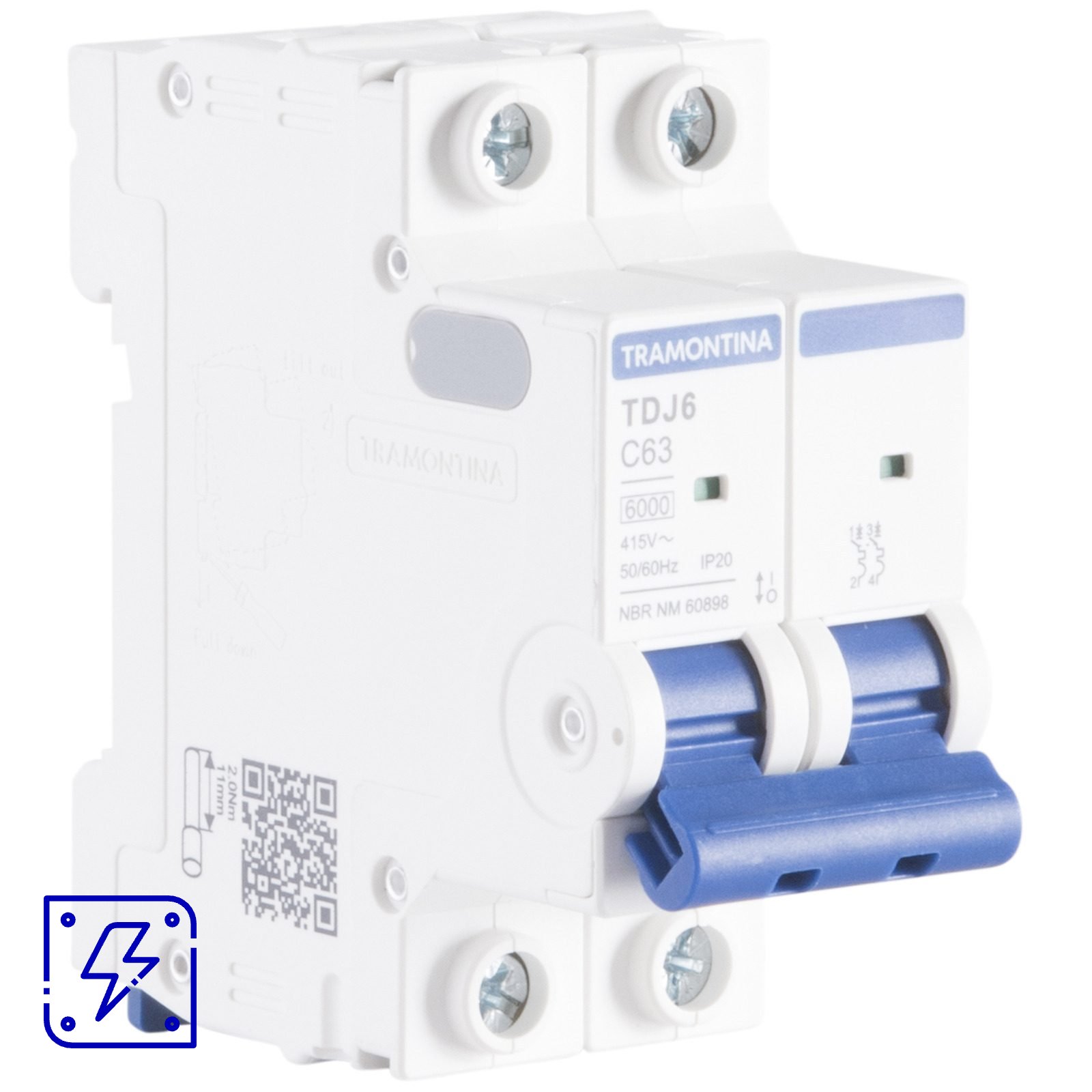 Minidisjuntor TDJ6 2 P 63 A 6kA curva C Tramontina 6 UNIDADES EMB.MINIMA