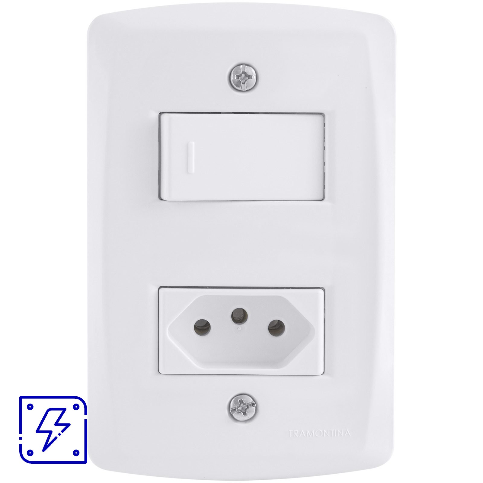 Conjunto 4x2 com 1 Interruptor Simples 10 A 250 V e 1 Tomada 2P+T 10 A 250 V Tramontina Lux2 Branco 1 UN. EMB.MINIMA